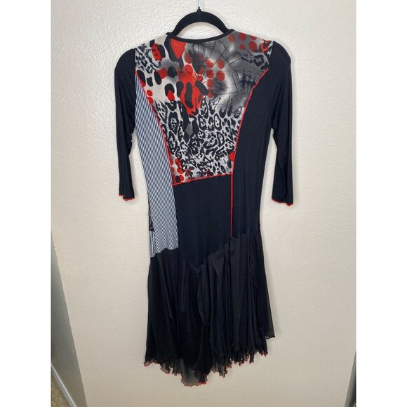 Dzhaavel Couture Black Patchwork Dress L Sheer Mesh Details 3/4 Sleeves - Picture 4 of 6